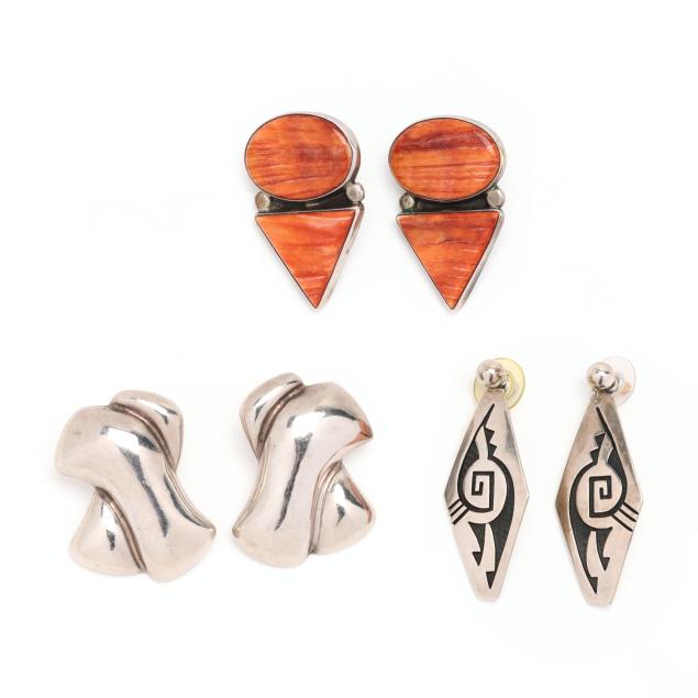 two-pairs-of-southwestern-sterling-silver-earrings-and-a-pair-of-mexican-sterling-silver-earrings-signed
