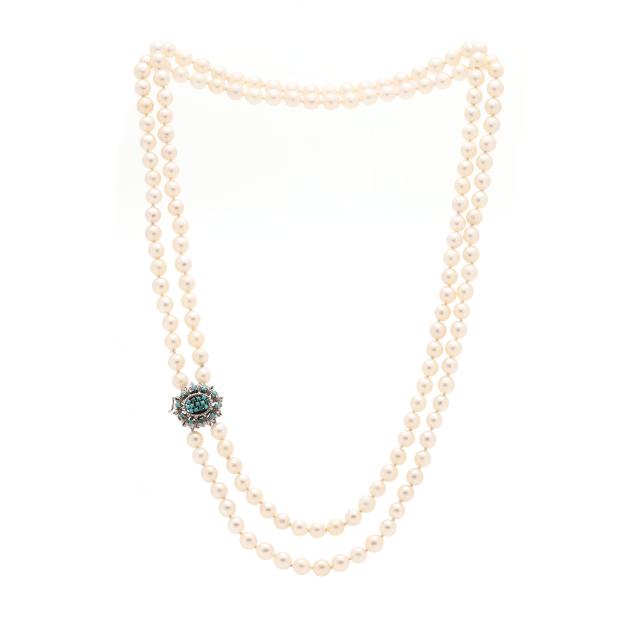 double-strand-pearl-necklace-with-white-gold-and-turquoise-clasp
