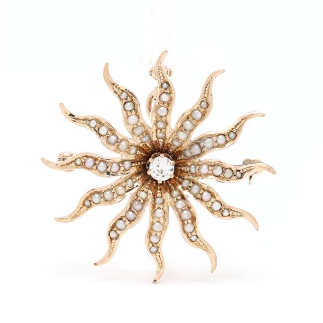 gold-diamond-and-seed-pearl-sunburst-motif-brooch-pendant