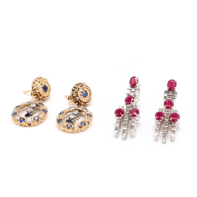 two-pairs-of-vintage-gold-and-gem-set-earrings