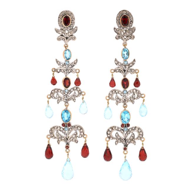 silver-topped-gold-three-tier-gem-set-dangle-earrings