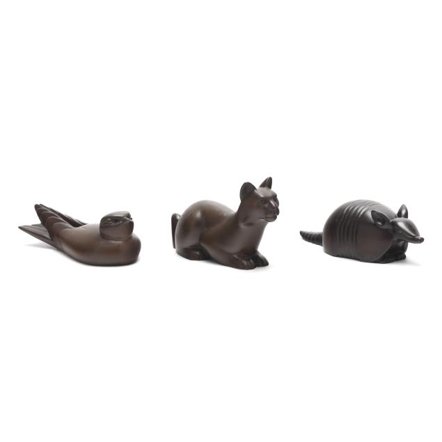 david-everett-tx-b-1950-three-small-bronze-animals-a-cat-bird-and-armadillo