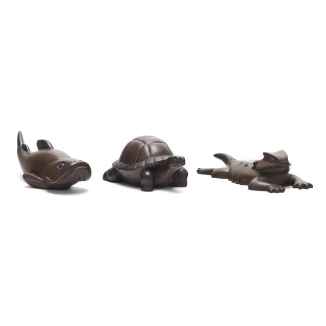 david-everett-tx-b-1950-three-small-bronze-animals-two-reptiles-and-a-fish