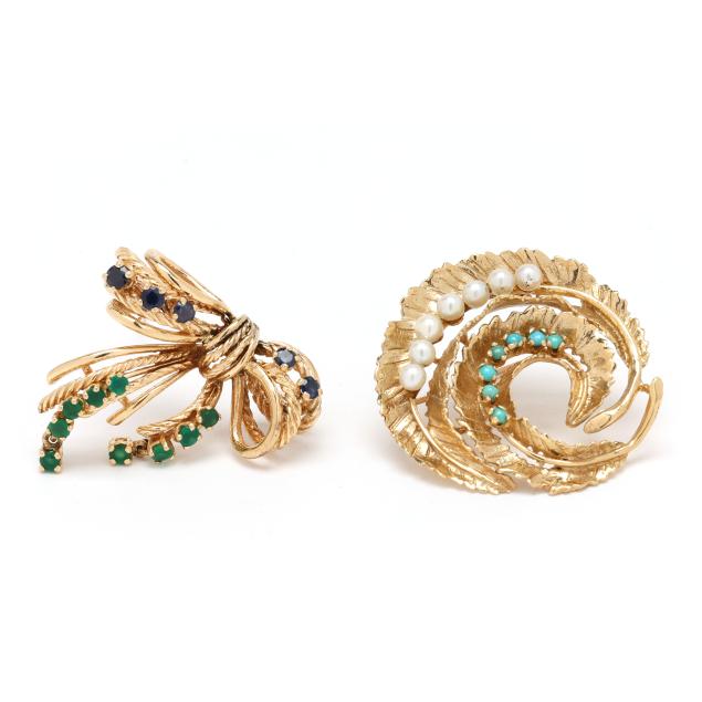 two-gold-and-gem-set-brooches