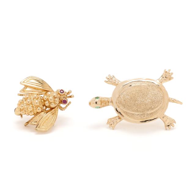 gold-and-gem-set-bee-brooch-by-tiffany-co-and-a-gold-turtle-brooch