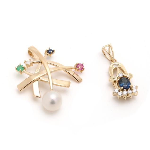 two-gold-and-gem-set-pendants