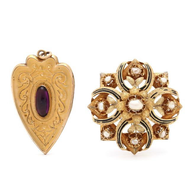 a-victorian-gold-and-pearl-brooch-and-an-antique-gold-filled-and-gem-set-locket