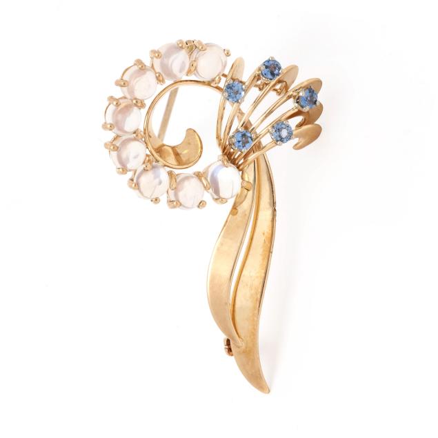 retro-gold-moonstone-and-sapphire-stylized-wreath-motif-brooch