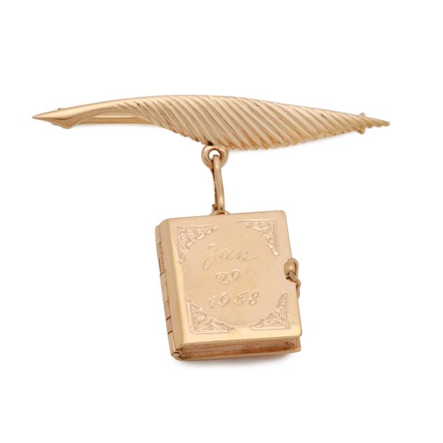 gold-feather-brooch-with-vintage-book-charm