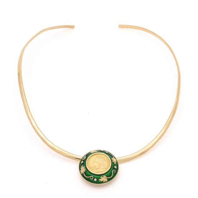 enamel-and-gem-set-coin-slide-with-gold-filled-choker