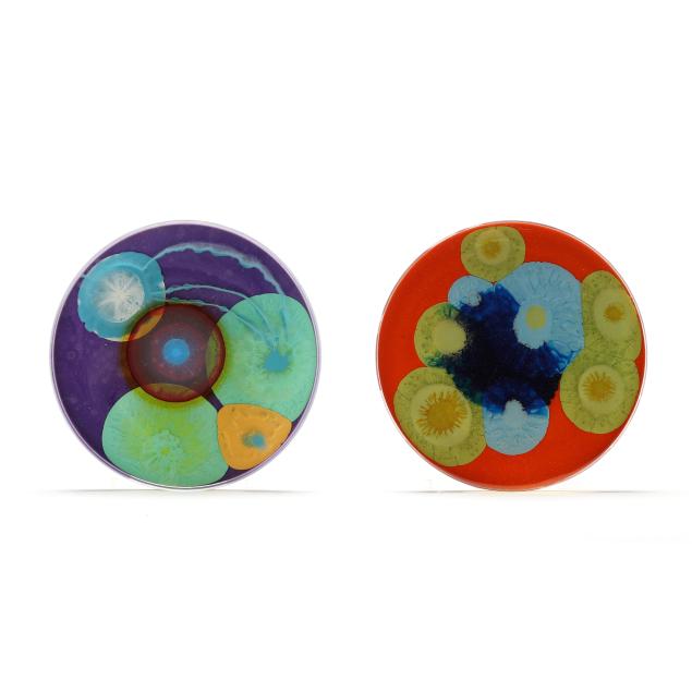 klari-reis-american-b-1977-i-bellow-i-and-i-erupt-i-two-petri-dish-paintings
