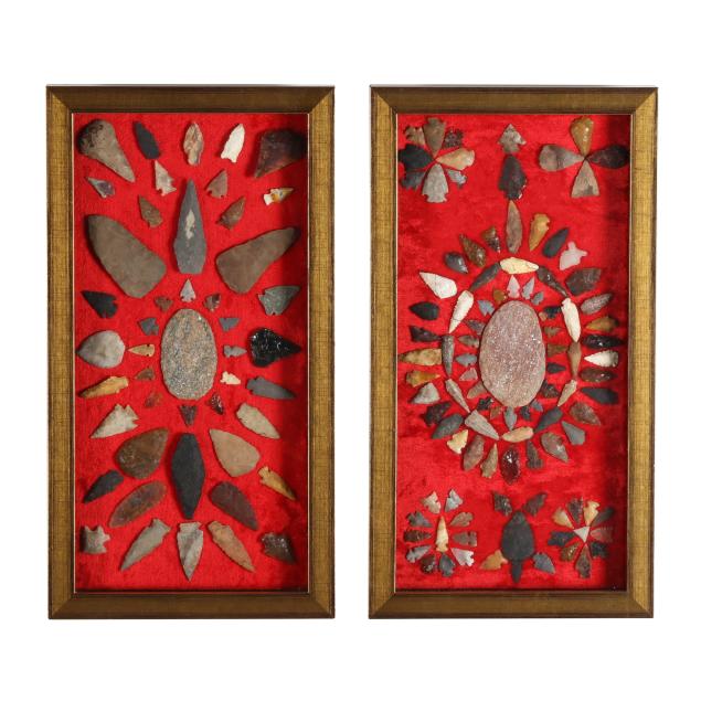 two-displays-of-indian-arrowheads-and-associated-items