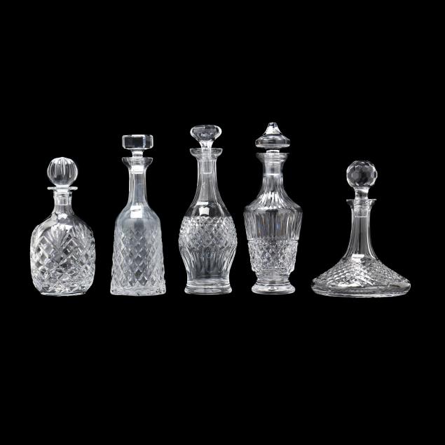 five-assorted-crystal-decanters