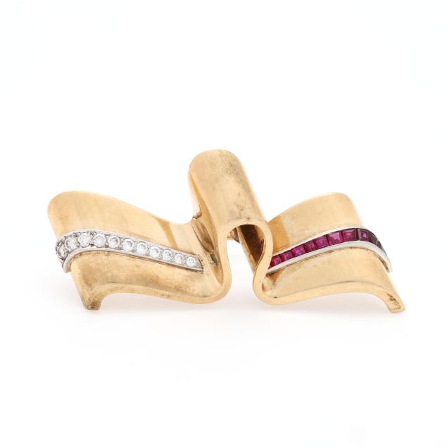 retro-gold-ruby-and-diamond-ribbon-brooch