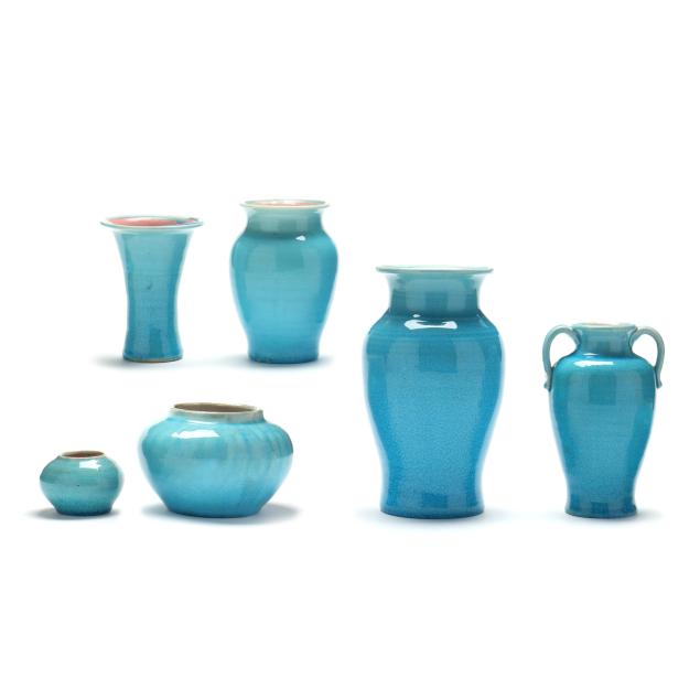 pisgah-forest-pottery-arden-nc-six-pieces-of-turquoise-crackle-glaze-pottery