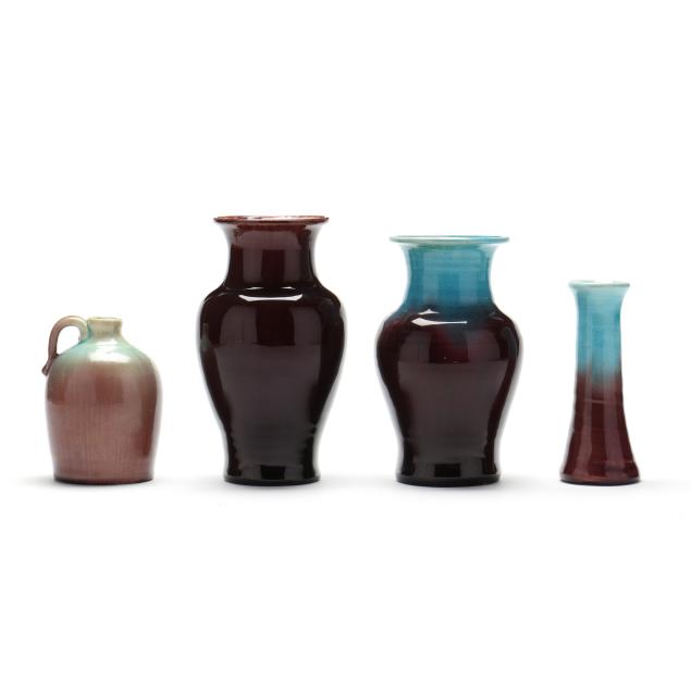 pisgah-forest-pottery-arden-nc-four-pieces-of-aubergine-and-turquoise-pottery