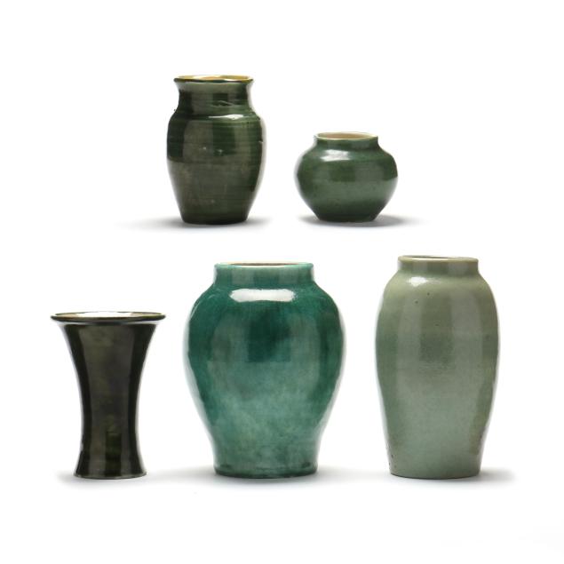 pisgah-forest-pottery-arden-nc-five-green-vases