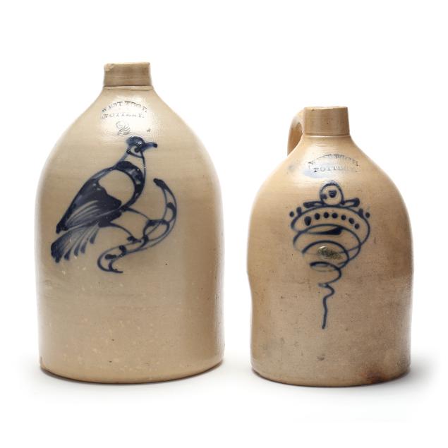 west-troy-ny-pottery-two-cobalt-decorated-stoneware-jugs