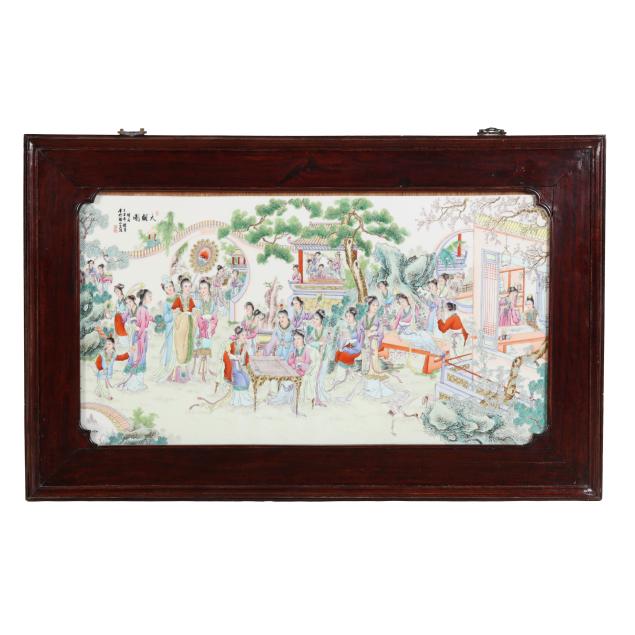 a-large-chinese-famille-rose-porcelain-plaque-of-a-garden-tour
