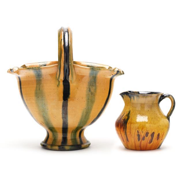 attributed-to-teague-pottery-moore-county-nc-large-pottery-basket-and-pitcher