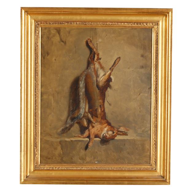 antique-painting-of-a-snared-hare-and-squirrels-signed