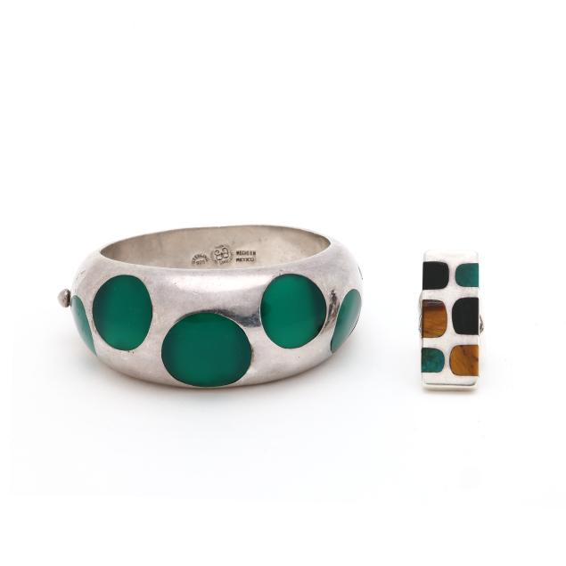 a-sterling-silver-and-gem-set-bangle-and-a-sterling-silver-and-gem-set-ring-mexico