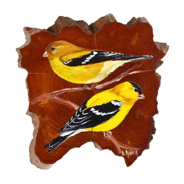 duane-raver-nc-1927-2022-pair-of-goldfinches-on-wood