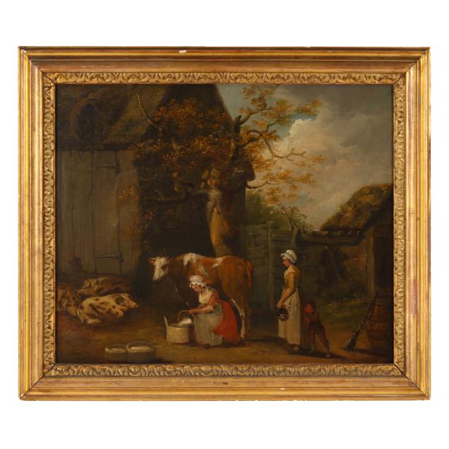 dutch-school-19th-century-farm-scene-with-woman-milking-a-cow