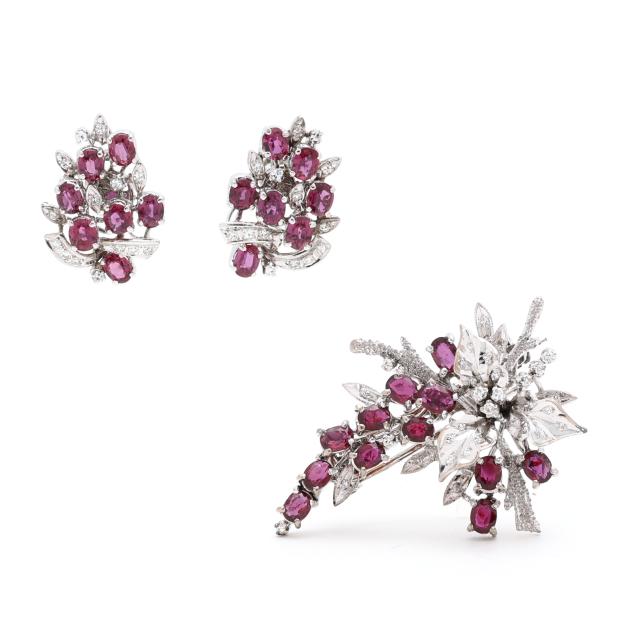 white-gold-plated-ruby-and-diamond-brooch-and-earrings