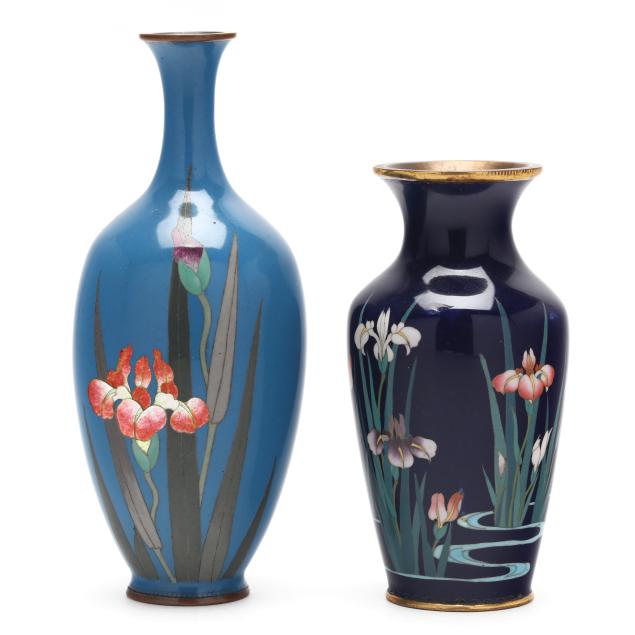 two-japanese-cloisonne-vases-with-irises-by-gondo-hirosuke