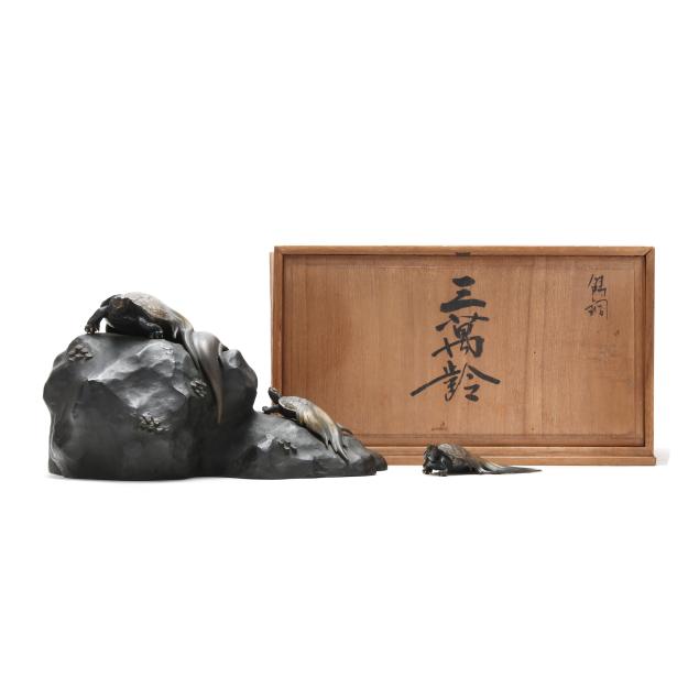 a-japanese-bronze-i-okimono-i-with-gilt-of-i-minogame-i-turtles-on-a-rock