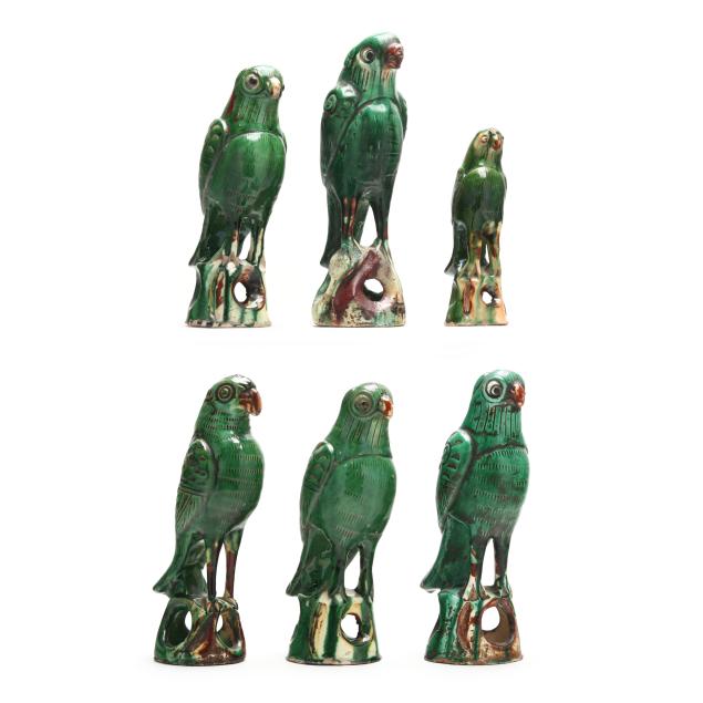 six-chinese-export-green-glazed-parrots
