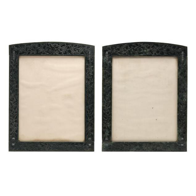 a-pair-of-large-japanese-carved-spinach-jade-frames-with-silver-by-yamanaka