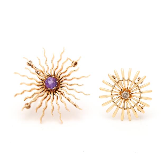 two-gold-and-gem-set-sunburst-pendant-brooches