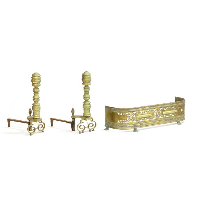 chippendale-style-pair-of-bold-brass-andirons-and-pierced-fender
