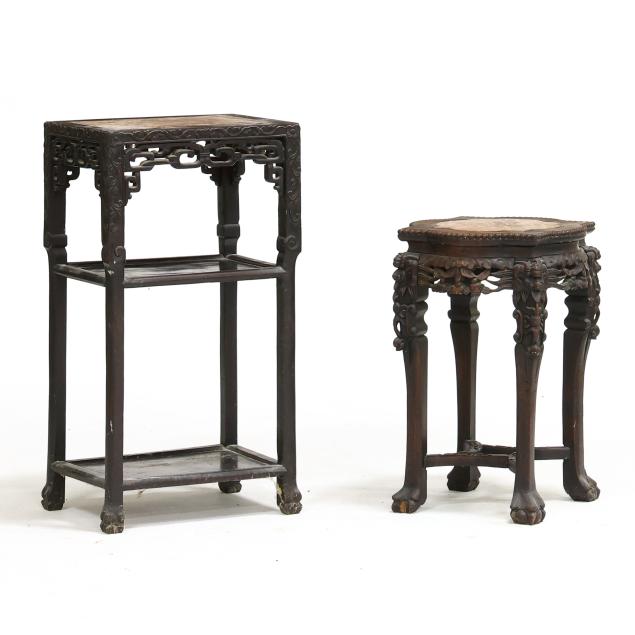 two-chinese-carved-hardwood-marble-top-stands