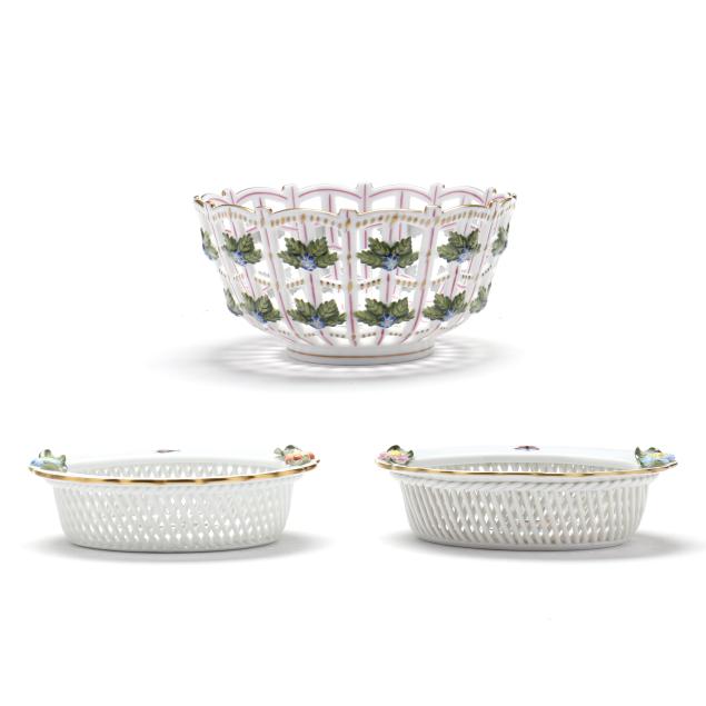 three-herend-i-rothschild-bird-i-open-weave-porcelain-dishes