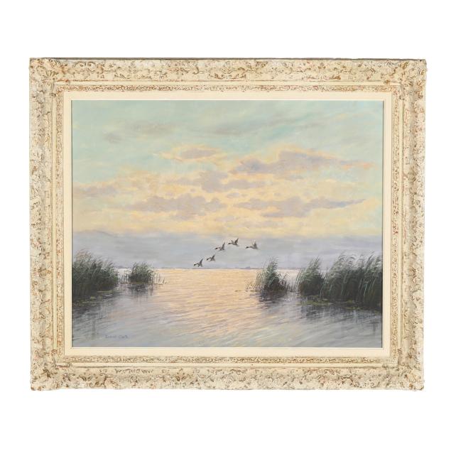 roland-h-clark-american-1874-1957-ducks-landing-at-dusk