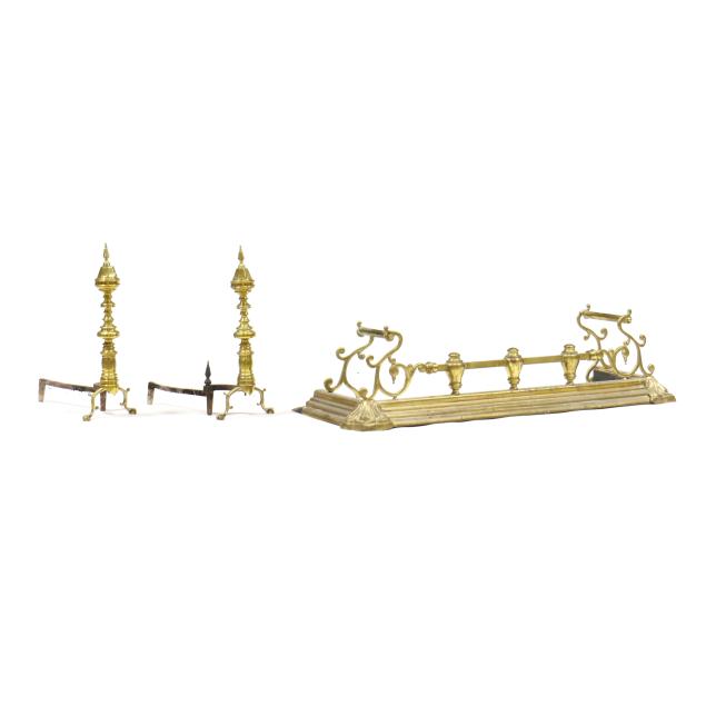 scrolled-brass-fire-fender-and-a-pair-of-spire-top-andirons