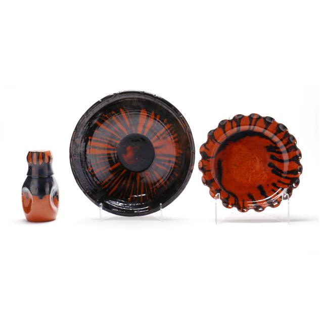 a-r-cole-pottery-sanford-nc-three-pieces-of-drip-glazed-earthenware