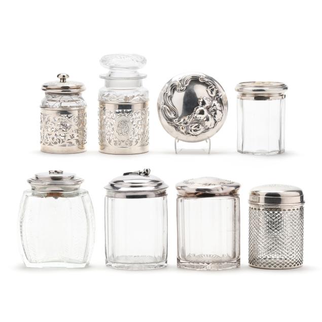 group-of-sterling-and-silver-plate-mounted-glass-jars
