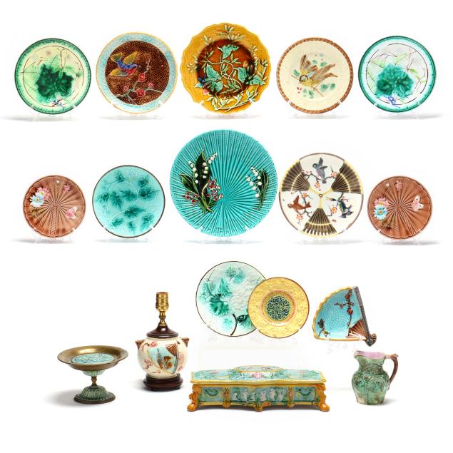 a-group-of-17-majolica-pieces-including-a-lamp