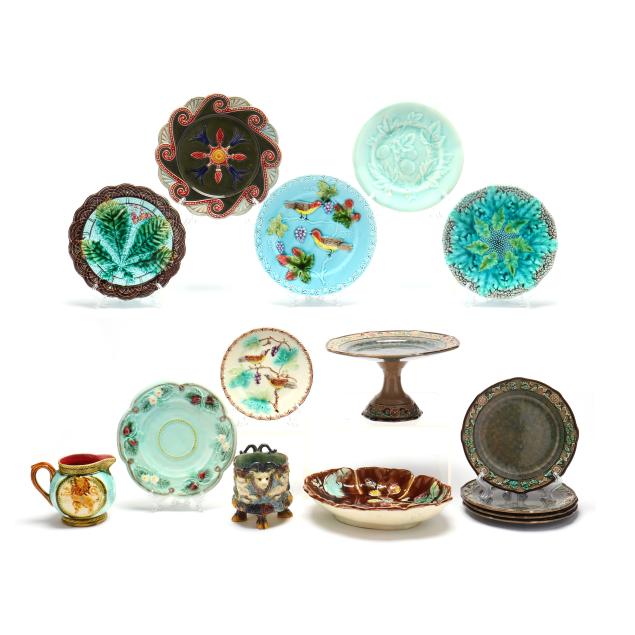 a-group-of-15-pieces-of-majolica-tableware