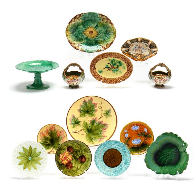 a-group-of-13-pieces-of-majolica-tableware