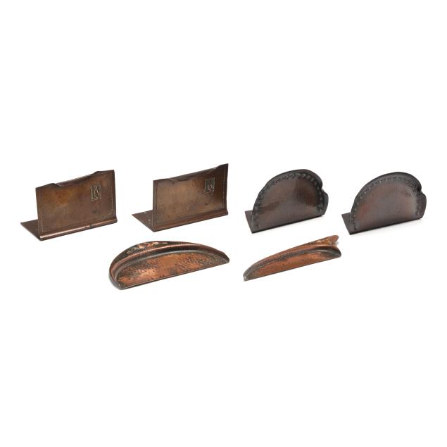 roycroft-three-sets-of-arts-crafts-hammered-copper-accessories