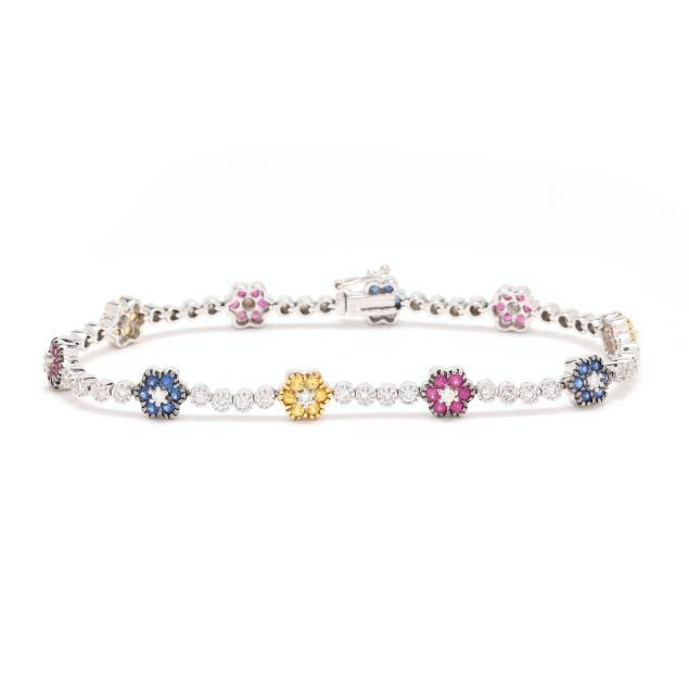 white-gold-diamond-and-multi-color-sapphire-floral-motif-bracelet