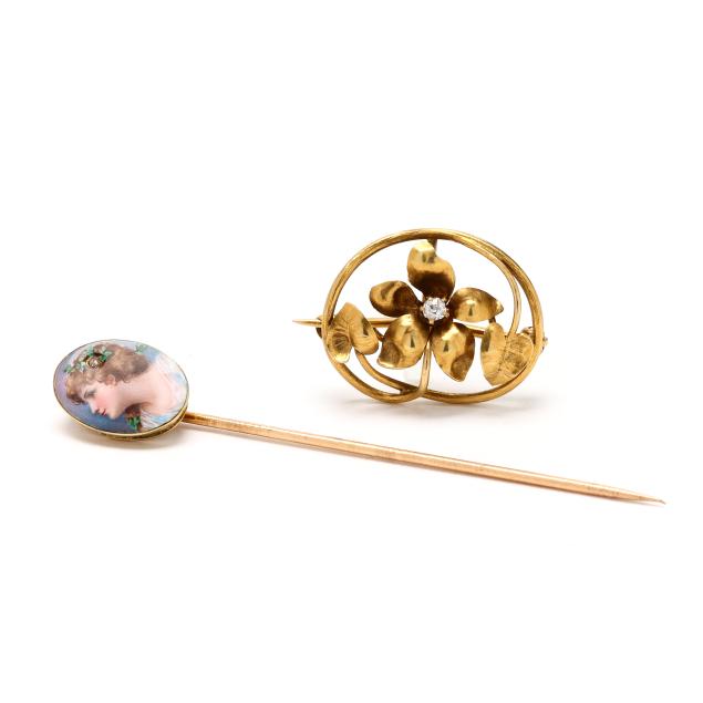 art-nouveau-gold-floral-brooch-and-vintage-enameled-stick-pin