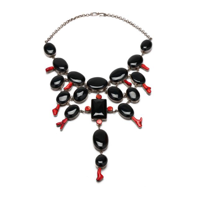 silver-black-onyx-and-coral-bib-necklace