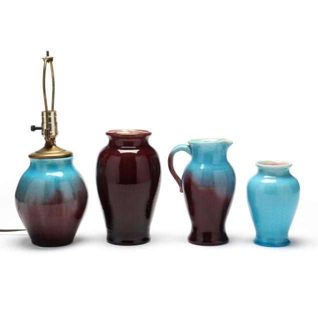 pisgah-forest-pottery-arden-nc-four-turquoise-and-aubergine-crackle-glaze-wares
