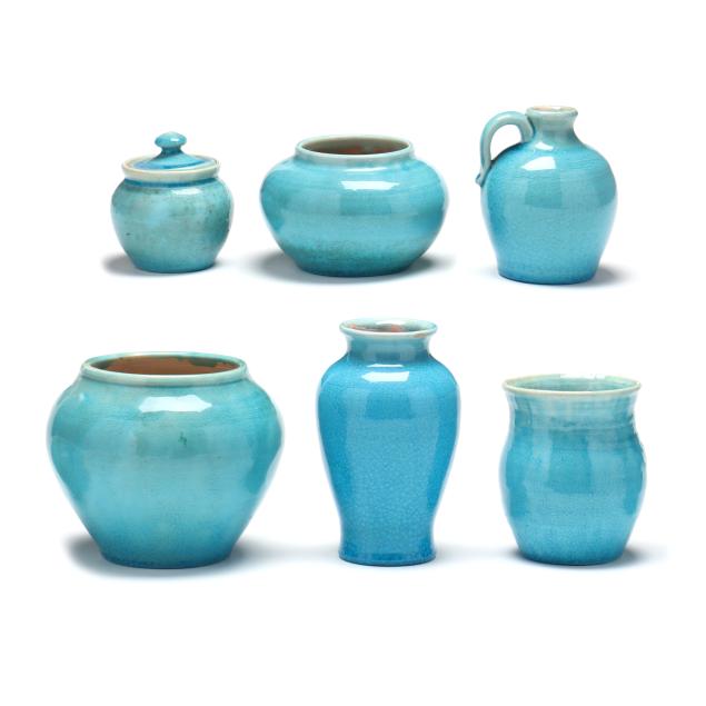 pisgah-forest-pottery-arden-nc-six-pieces-of-turquoise-crackle-glaze-pottery